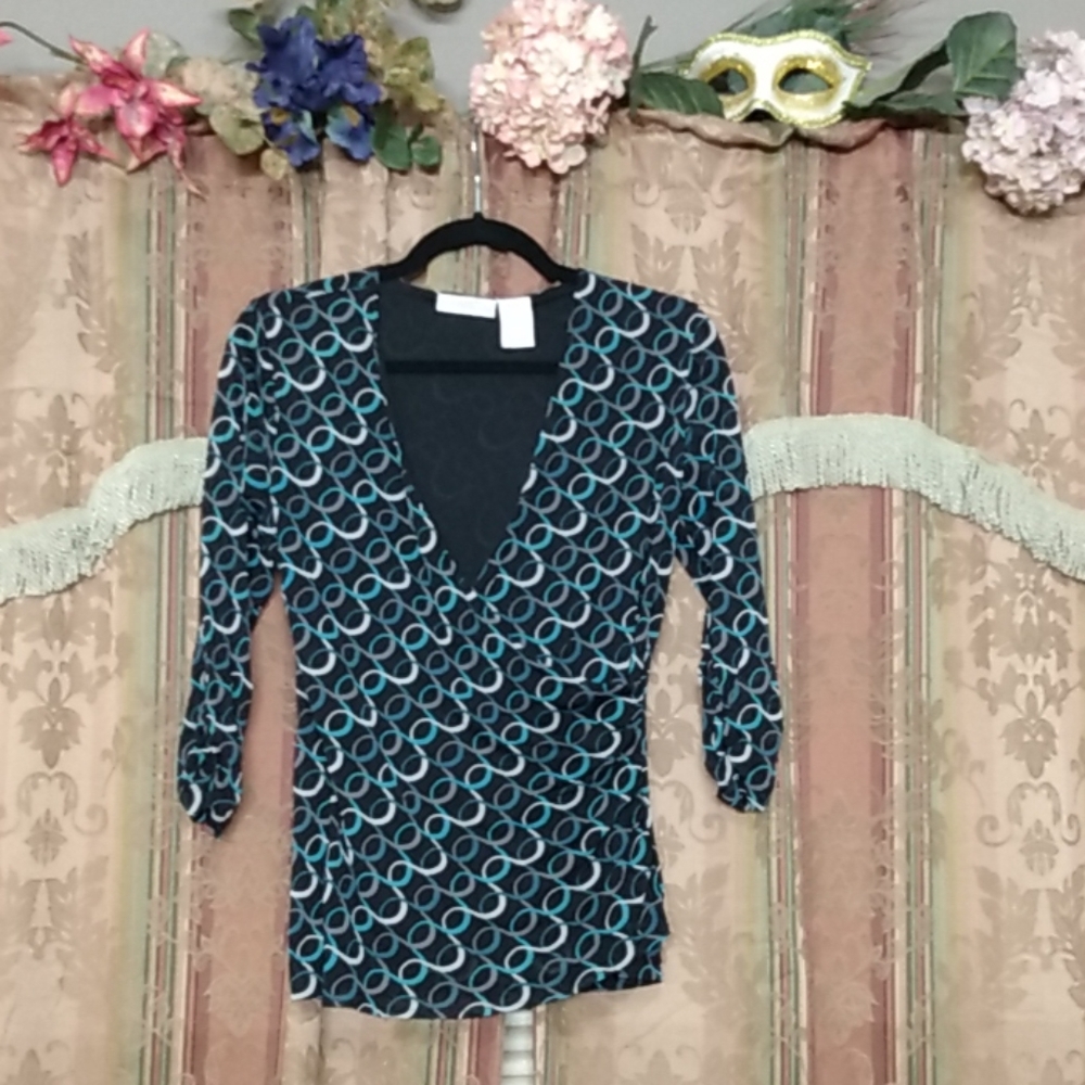 (Worthington) V-Neck Faux Wrap Black/blue-Sz: Med